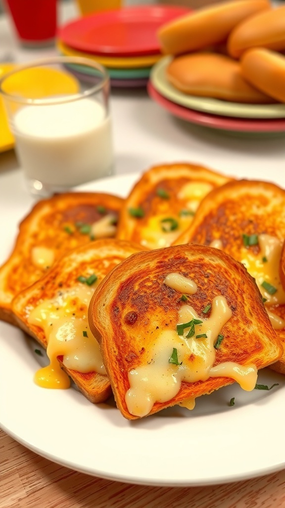 Cheesy toast slices on a plate, golden and melted cheese, garnished with herbs, in a bright kitchen.